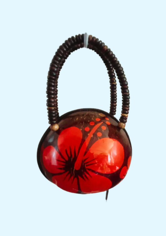 All Natural Coconut Shell Bag  Orange Hibiscus